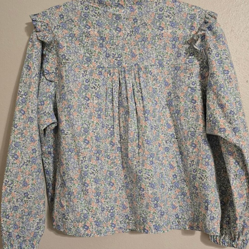 Mable Floral Button-Down Puff Long Sleeve Blouse Top with Thin Ruffles Size M